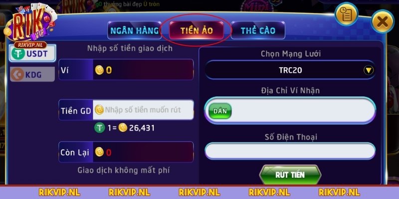 Rút tiền Rikvip qua tiền ảo